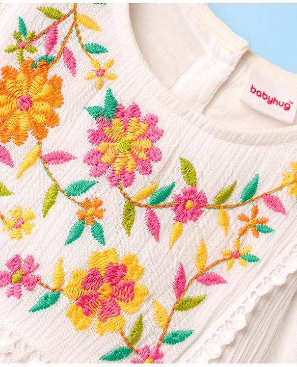 Babyhug Woven Half Sleeves Top With Floral Embroidery & Lace Detail - White