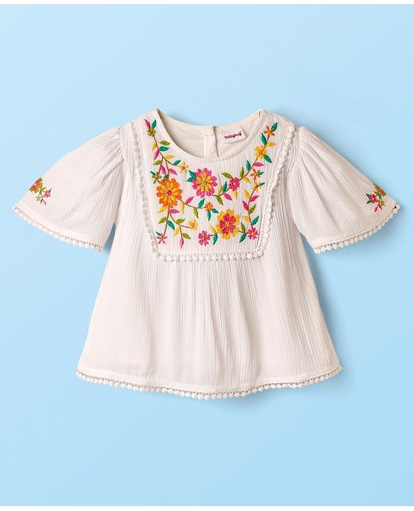 Babyhug Woven Half Sleeves Top With Floral Embroidery & Lace Detail - White