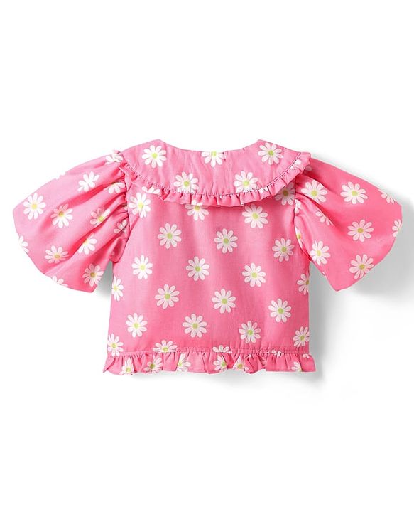 Babyhug Woven Half Sleeves Cropped Top With Floral Print & Frill Detail - Pink