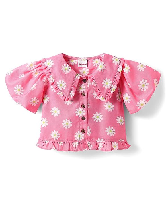 Babyhug Woven Half Sleeves Cropped Top With Floral Print & Frill Detail - Pink