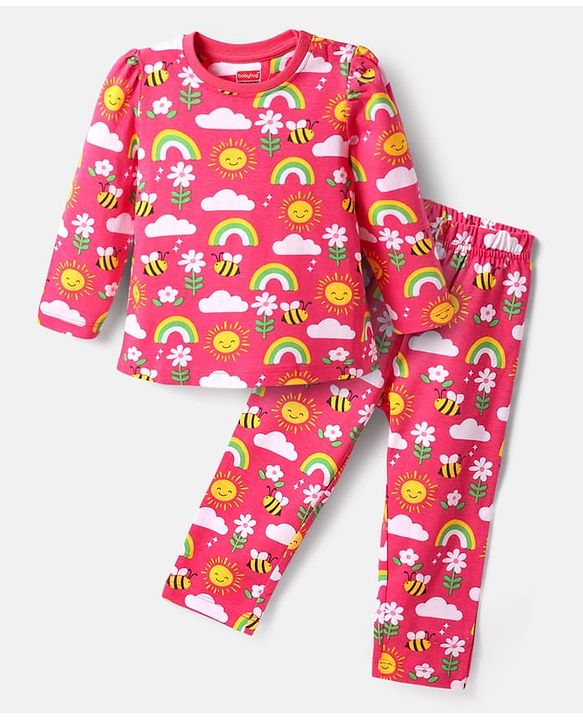 Babyhug Cotton Knit Full Sleeves Co-ords Night Suit with Rainbow Print - Dark Pink