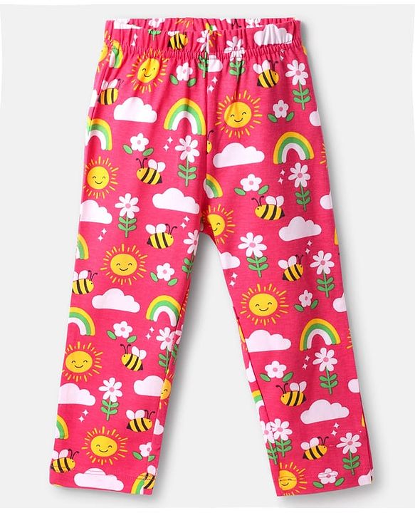 Babyhug Cotton Knit Full Sleeves Co-ords Night Suit with Rainbow Print - Dark Pink