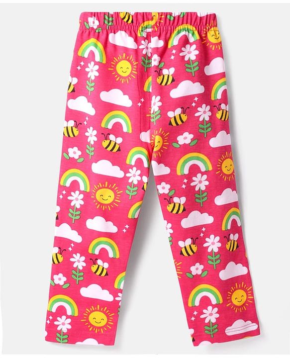 Babyhug Cotton Knit Full Sleeves Co-ords Night Suit with Rainbow Print - Dark Pink