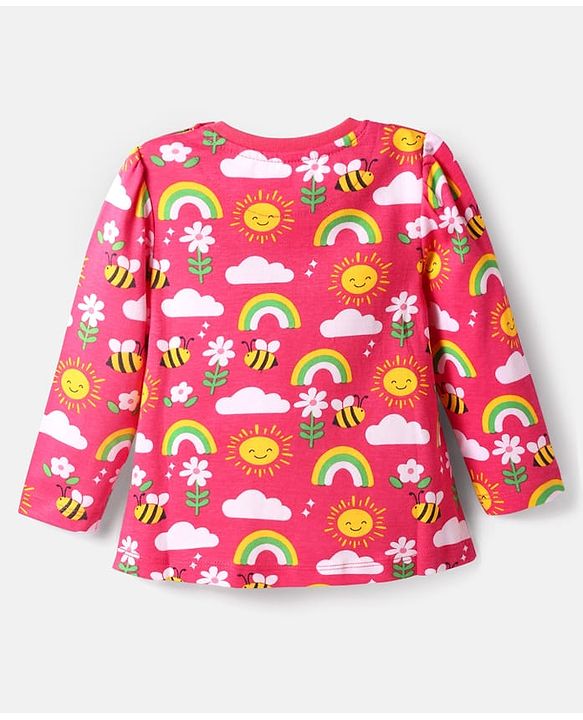 Babyhug Cotton Knit Full Sleeves Co-ords Night Suit with Rainbow Print - Dark Pink