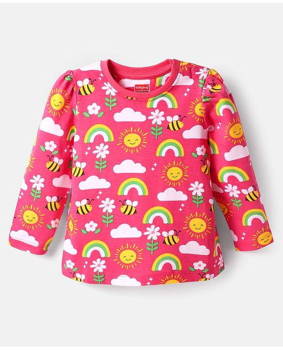 Babyhug Cotton Knit Full Sleeves Co-ords Night Suit with Rainbow Print - Dark Pink