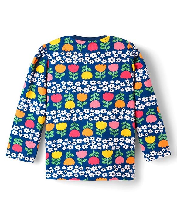 Babyhug Cotton Knit Full Sleeves Co-ord Night Suit With Floral Print - Navy Blue
