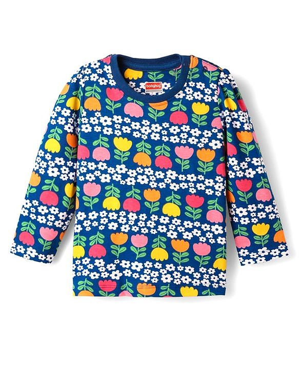 Babyhug Cotton Knit Full Sleeves Co-ord Night Suit With Floral Print - Navy Blue