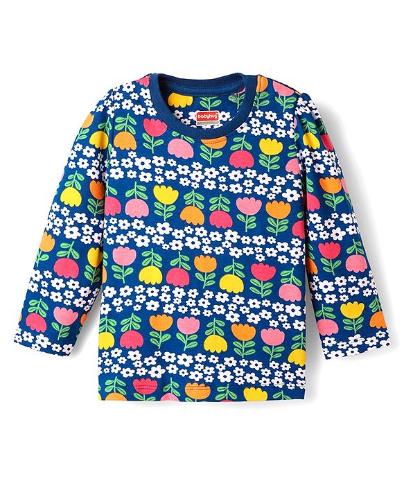Babyhug Cotton Knit Full Sleeves Co-ord Night Suit With Floral Print - Navy Blue