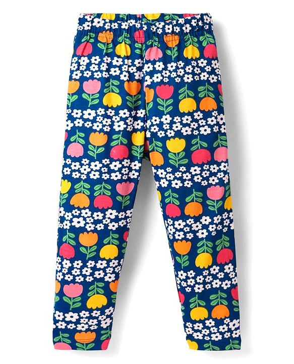 Babyhug Cotton Knit Full Sleeves Co-ord Night Suit With Floral Print - Navy Blue