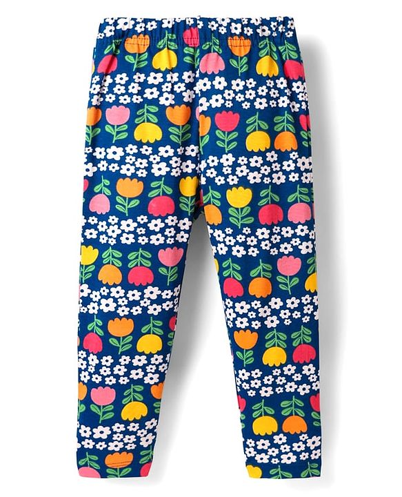 Babyhug Cotton Knit Full Sleeves Co-ord Night Suit With Floral Print - Navy Blue