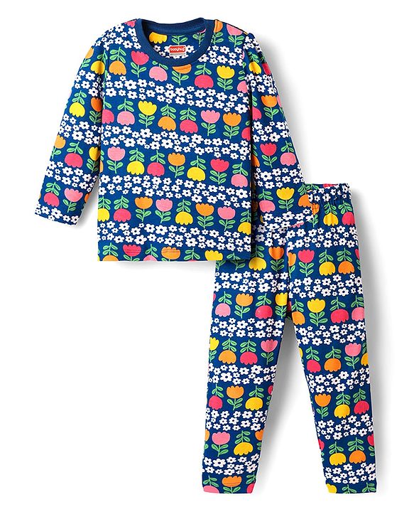 Babyhug Cotton Knit Full Sleeves Co-ord Night Suit With Floral Print - Navy Blue