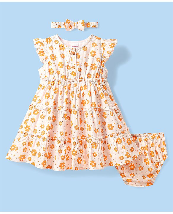 Babyhug Rayon Woven Frill Sleeves Floral Printed Frock With Bloomer & Headband - Orange & White