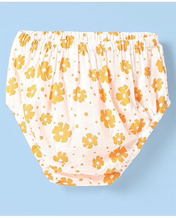 Babyhug Rayon Woven Frill Sleeves Floral Printed Frock With Bloomer & Headband - Orange & White