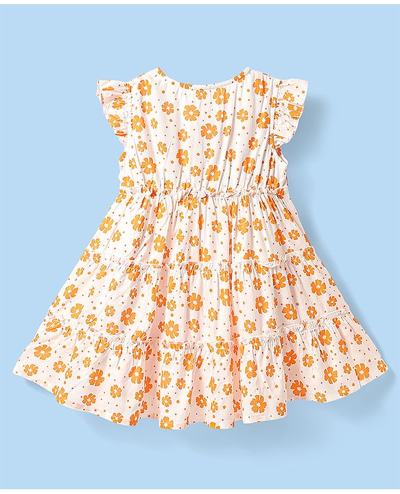 Babyhug Rayon Woven Frill Sleeves Floral Printed Frock With Bloomer & Headband - Orange & White