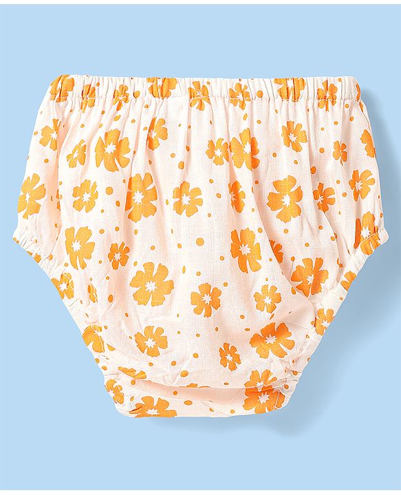 Babyhug Rayon Woven Frill Sleeves Floral Printed Frock With Bloomer & Headband - Orange & White