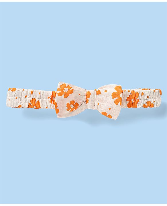 Babyhug Rayon Woven Frill Sleeves Floral Printed Frock With Bloomer & Headband - Orange & White