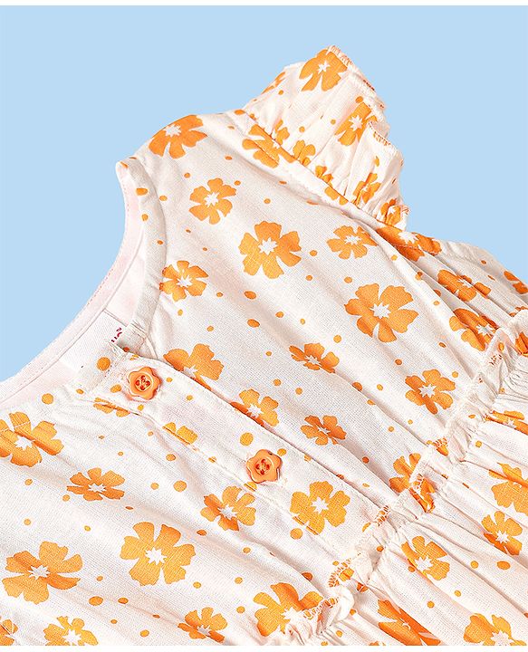 Babyhug Rayon Woven Frill Sleeves Floral Printed Frock With Bloomer & Headband - Orange & White