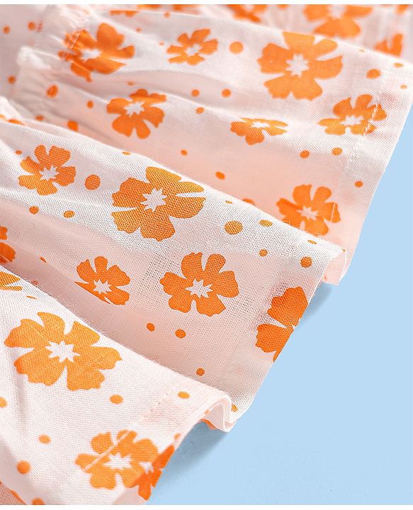Babyhug Rayon Woven Frill Sleeves Floral Printed Frock With Bloomer & Headband - Orange & White