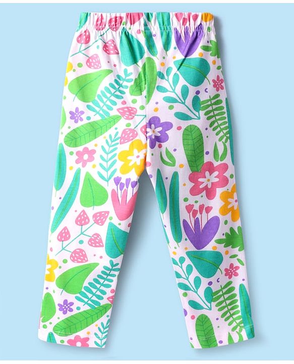 Babyhug Cotton Knit Full Sleeves Co-Ord Nightsuit with Floral Print - White & Light Green