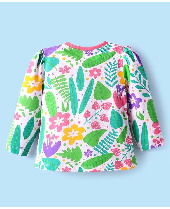 Babyhug Cotton Knit Full Sleeves Co-Ord Nightsuit with Floral Print - White & Light Green