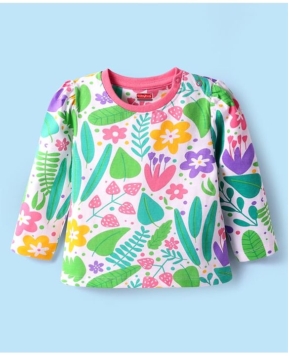 Babyhug Cotton Knit Full Sleeves Co-Ord Nightsuit with Floral Print - White & Light Green