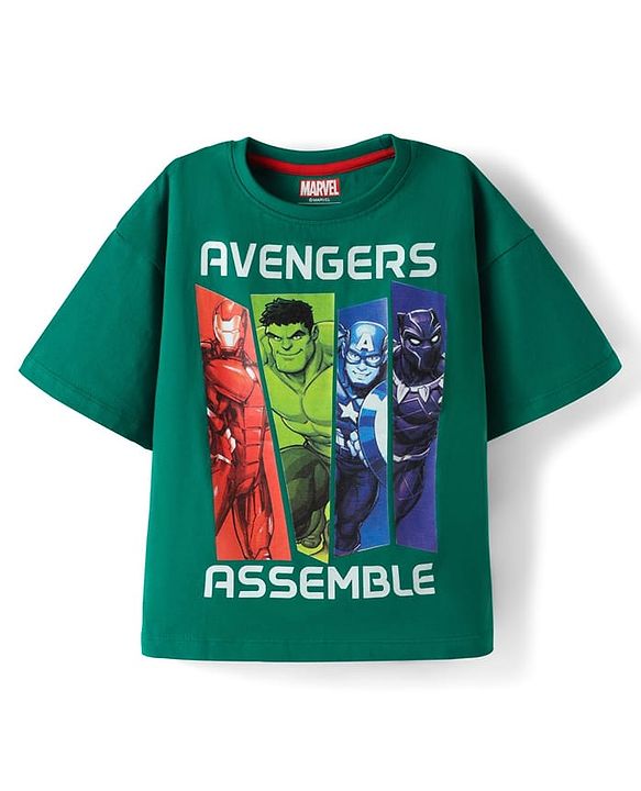 Pine Kids Marvel Single Jersey Knit Half Drop Shoulder Sleeves Oversized T-Shirt with Avengers Graphics - Green