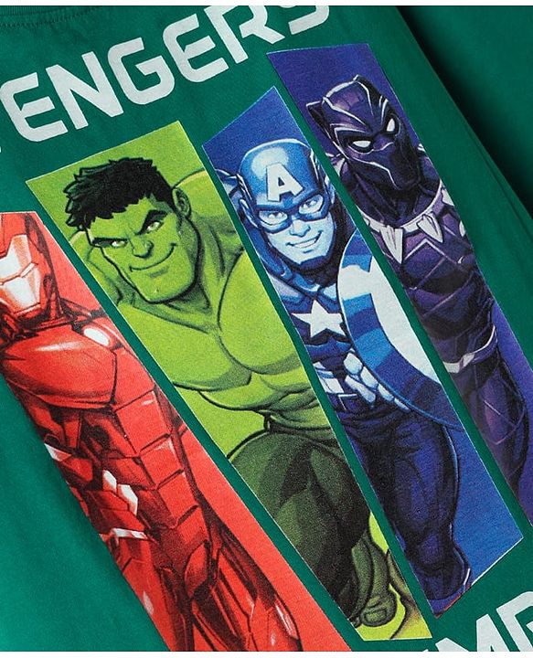 Pine Kids Marvel Single Jersey Knit Half Drop Shoulder Sleeves Oversized T-Shirt with Avengers Graphics - Green