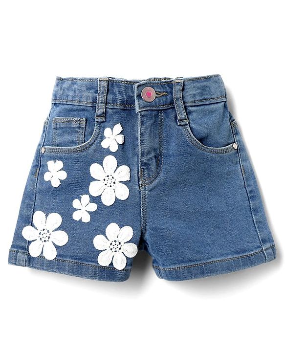Babyhug Mid Thigh Denim Shorts with Floral Applique - Light Blue