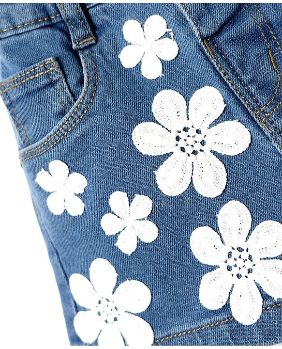 Babyhug Mid Thigh Denim Shorts with Floral Applique - Light Blue