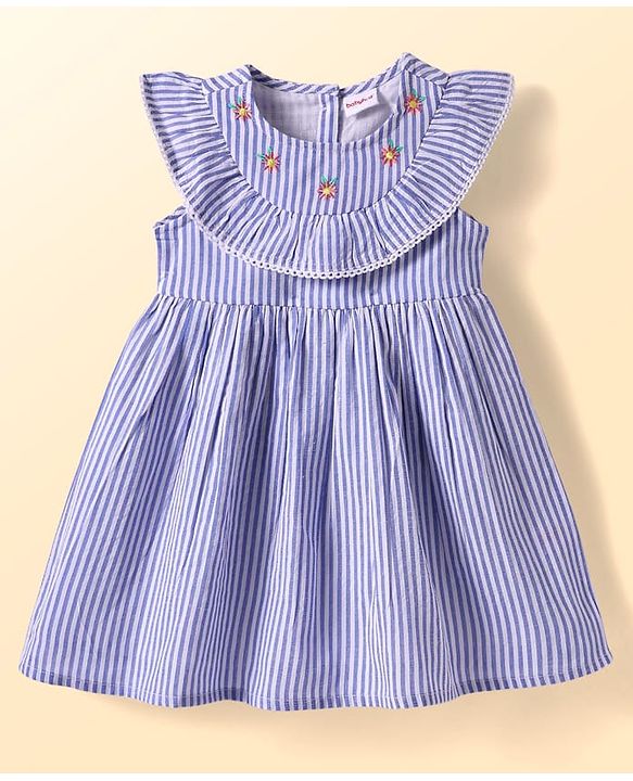 Babyhug Seer Sucker Woven Frill Sleeveless Striped Frock with Bloomer Headband & Star Embroidery - Blue