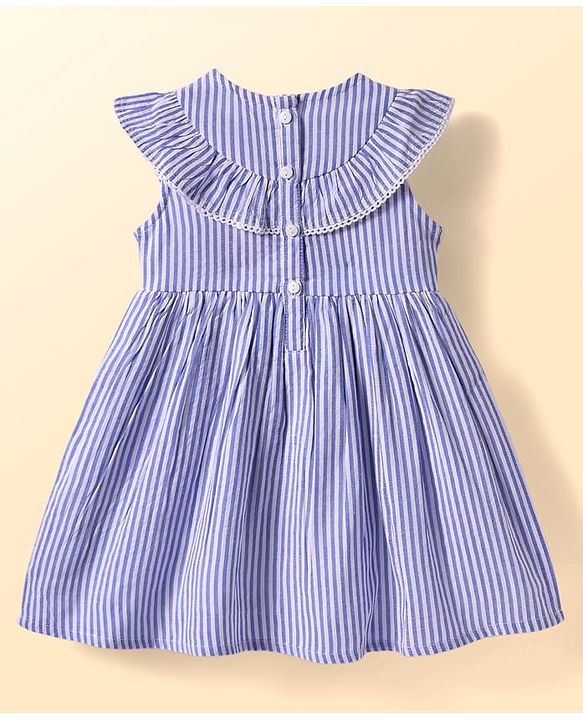 Babyhug Seer Sucker Woven Frill Sleeveless Striped Frock with Bloomer Headband & Star Embroidery - Blue