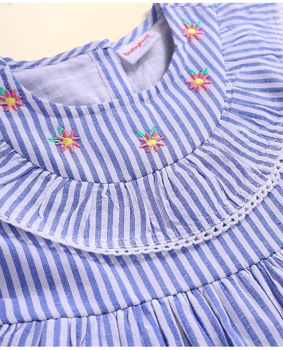 Babyhug Seer Sucker Woven Frill Sleeveless Striped Frock with Bloomer Headband & Star Embroidery - Blue