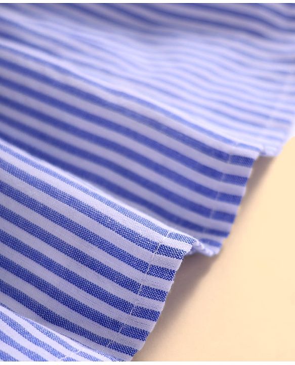 Babyhug Seer Sucker Woven Frill Sleeveless Striped Frock with Bloomer Headband & Star Embroidery - Blue
