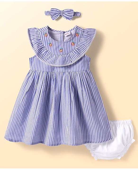Babyhug Seer Sucker Woven Frill Sleeveless Striped Frock with Bloomer Headband & Star Embroidery - Blue