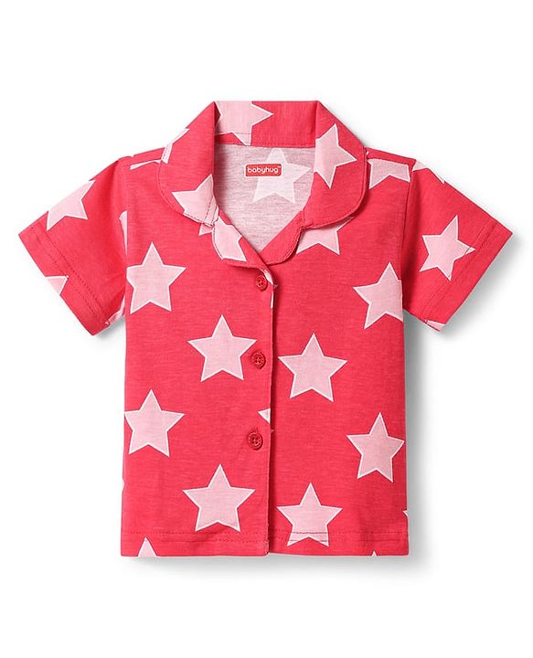 Babyhug Cotton Knit Half Sleeves Shorts Co-Ord Night Suit With Star Print - Red