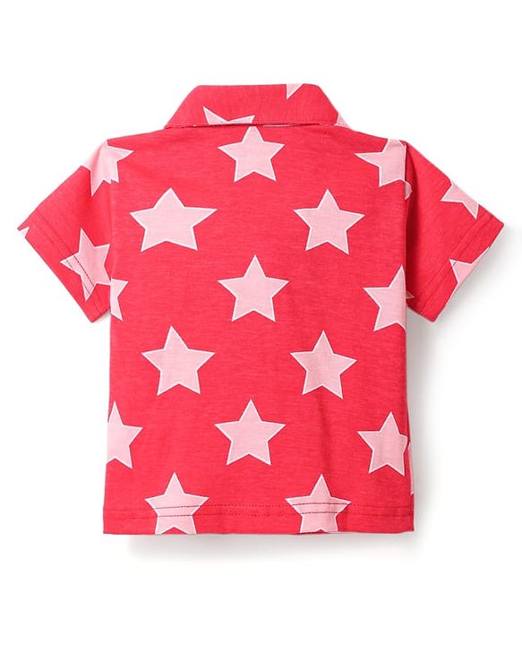 Babyhug Cotton Knit Half Sleeves Shorts Co-Ord Night Suit With Star Print - Red