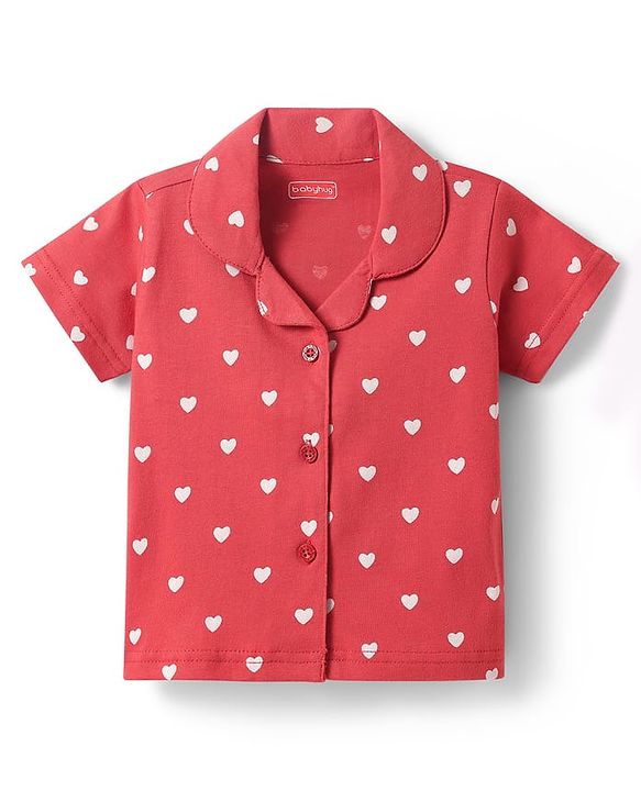 Babyhug Cotton Knit Half Sleeves Shorts Co-Ord Night Suit With Heart Print - Red
