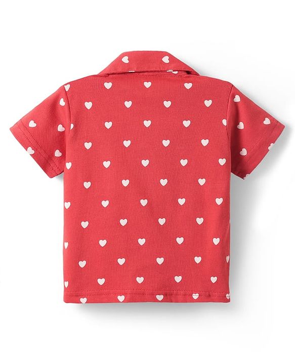 Babyhug Cotton Knit Half Sleeves Shorts Co-Ord Night Suit With Heart Print - Red