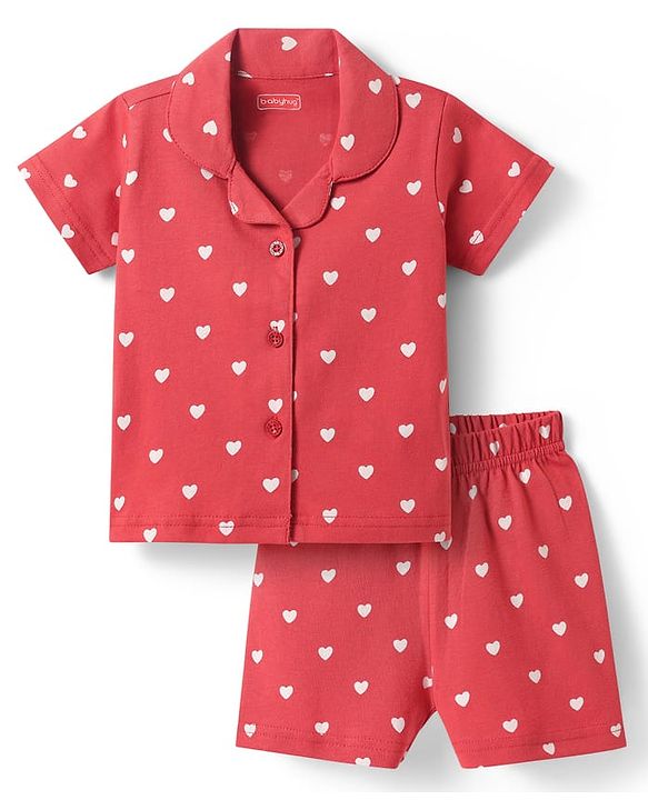 Babyhug Cotton Knit Half Sleeves Shorts Co-Ord Night Suit With Heart Print - Red