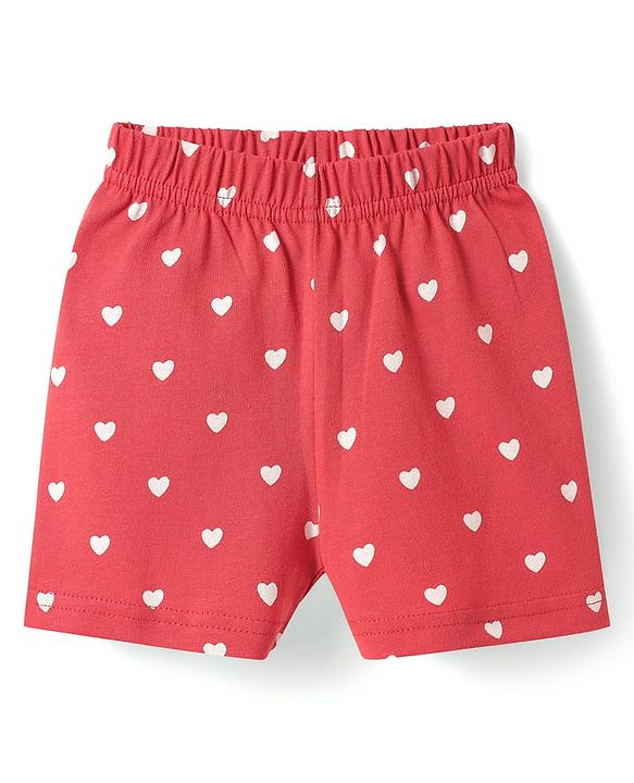 Babyhug Cotton Knit Half Sleeves Shorts Co-Ord Night Suit With Heart Print - Red