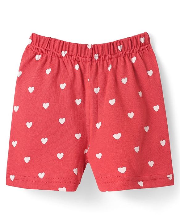 Babyhug Cotton Knit Half Sleeves Shorts Co-Ord Night Suit With Heart Print - Red