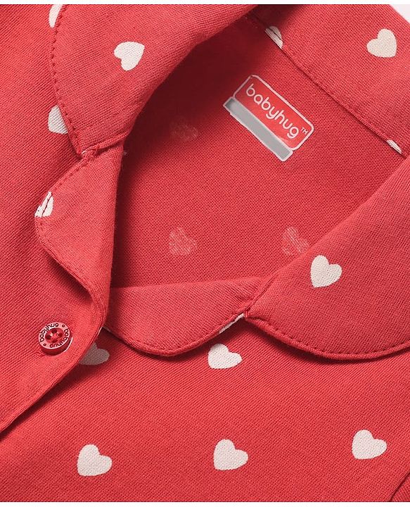 Babyhug Cotton Knit Half Sleeves Shorts Co-Ord Night Suit With Heart Print - Red