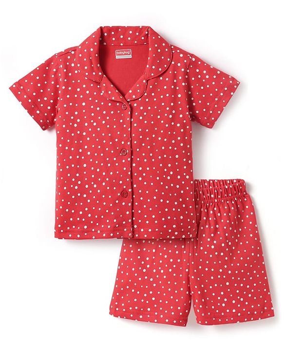 Babyhug Cotton Knit Half Sleeves Shorts Co-Ord Night Suit With Polka Dot Print - Red