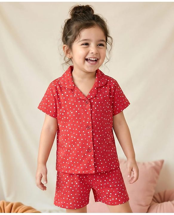 Babyhug Cotton Knit Half Sleeves Shorts Co-Ord Night Suit With Polka Dot Print - Red