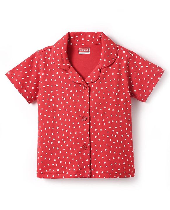 Babyhug Cotton Knit Half Sleeves Shorts Co-Ord Night Suit With Polka Dot Print - Red