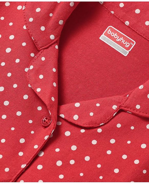 Babyhug Cotton Knit Half Sleeves Shorts Co-Ord Night Suit With Polka Dot Print - Red