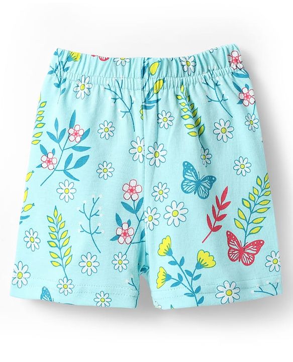 Babyhug Cotton Knit Half Sleeves Shorts Co-Ord Night Suit With Floral & Butterfly Print - Light Blue