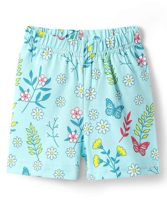 Babyhug Cotton Knit Half Sleeves Shorts Co-Ord Night Suit With Floral & Butterfly Print - Light Blue