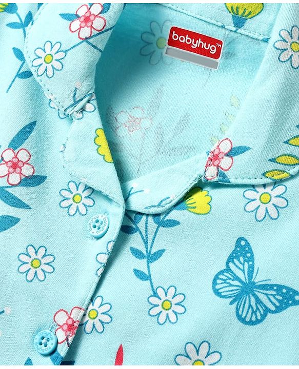 Babyhug Cotton Knit Half Sleeves Shorts Co-Ord Night Suit With Floral & Butterfly Print - Light Blue