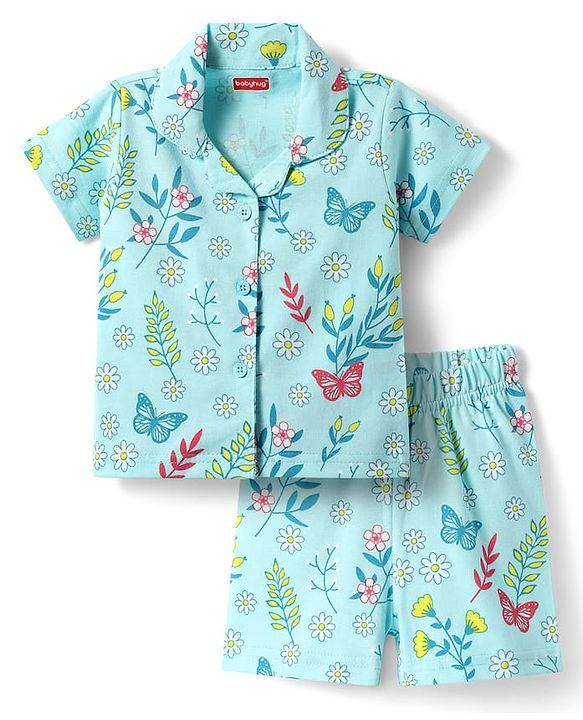 Babyhug Cotton Knit Half Sleeves Shorts Co-Ord Night Suit With Floral & Butterfly Print - Light Blue